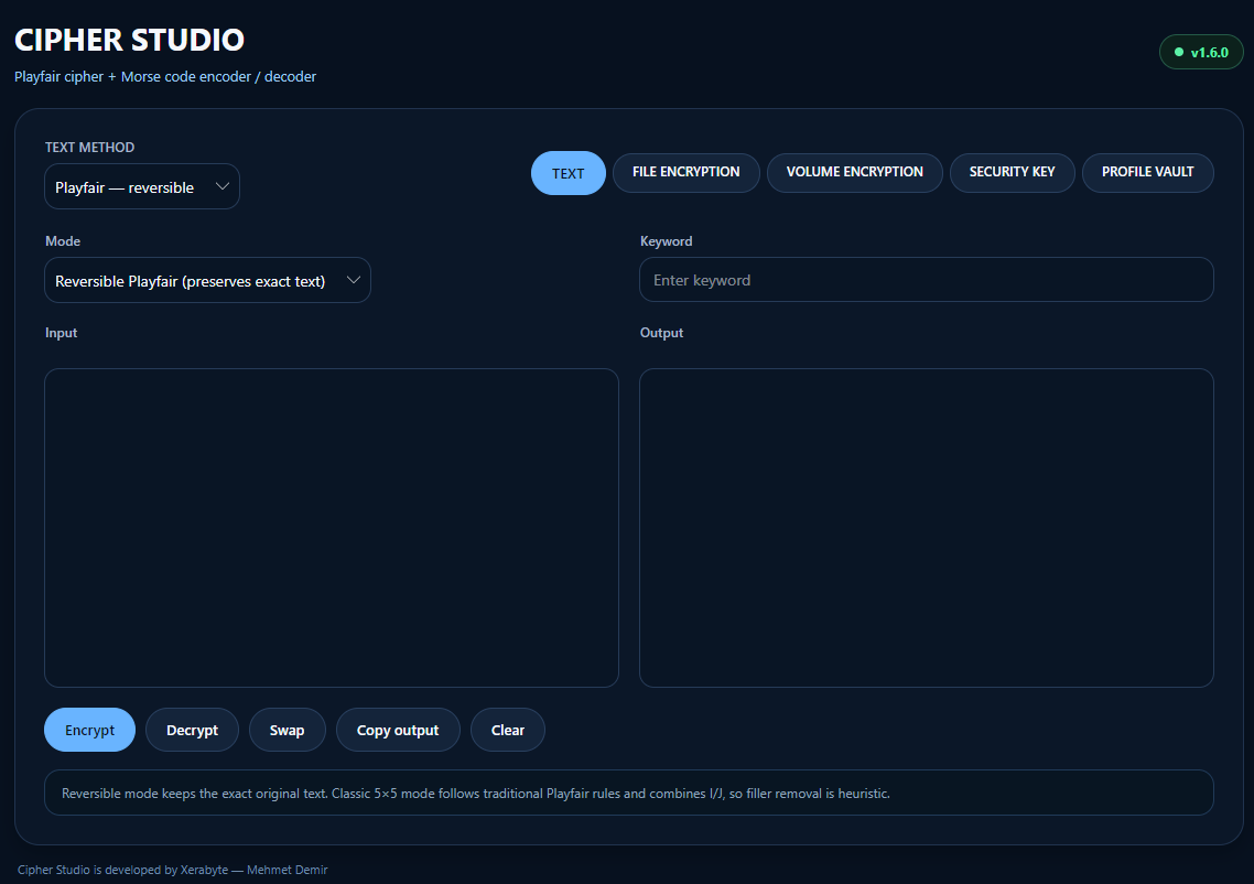 Cipher Studio interface met tekst encryptie en decryptie